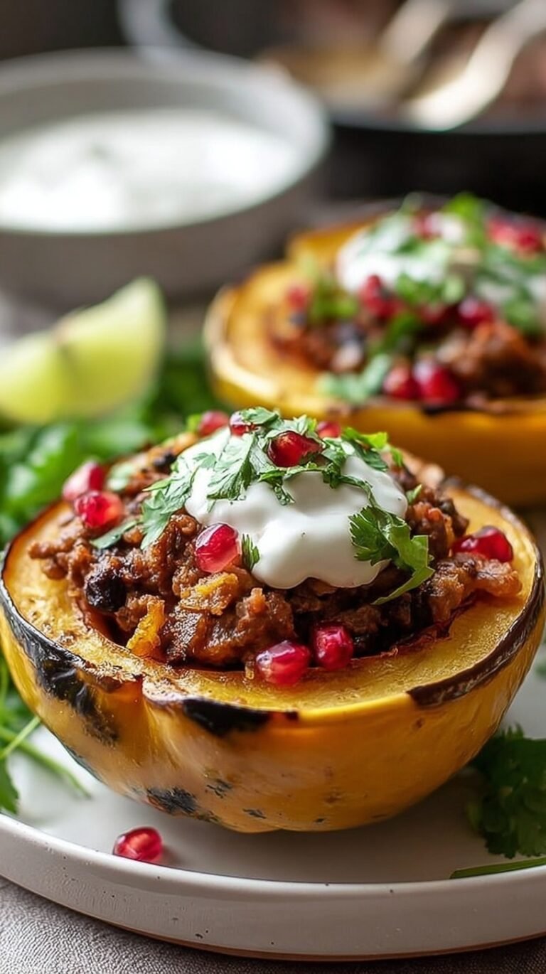 Roasted acorn squash halves filled with savory ground turkey, apples, and spinach topped with walnuts.