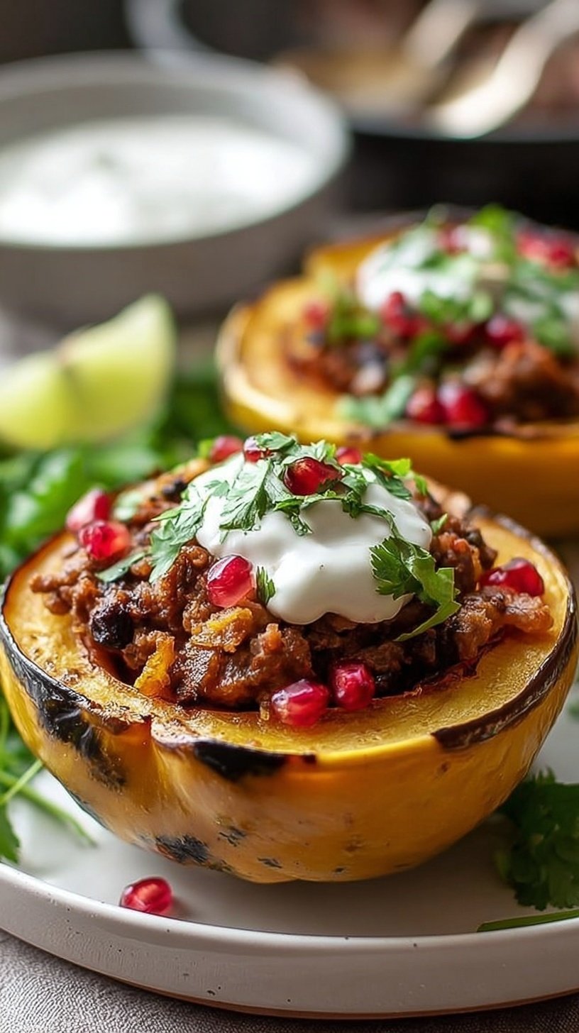 Roasted acorn squash halves filled with savory ground turkey, apples, and spinach topped with walnuts.