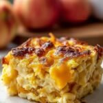 A golden brown apple cheddar egg bake in a glass dish with melted cheese and sourdough cubes.