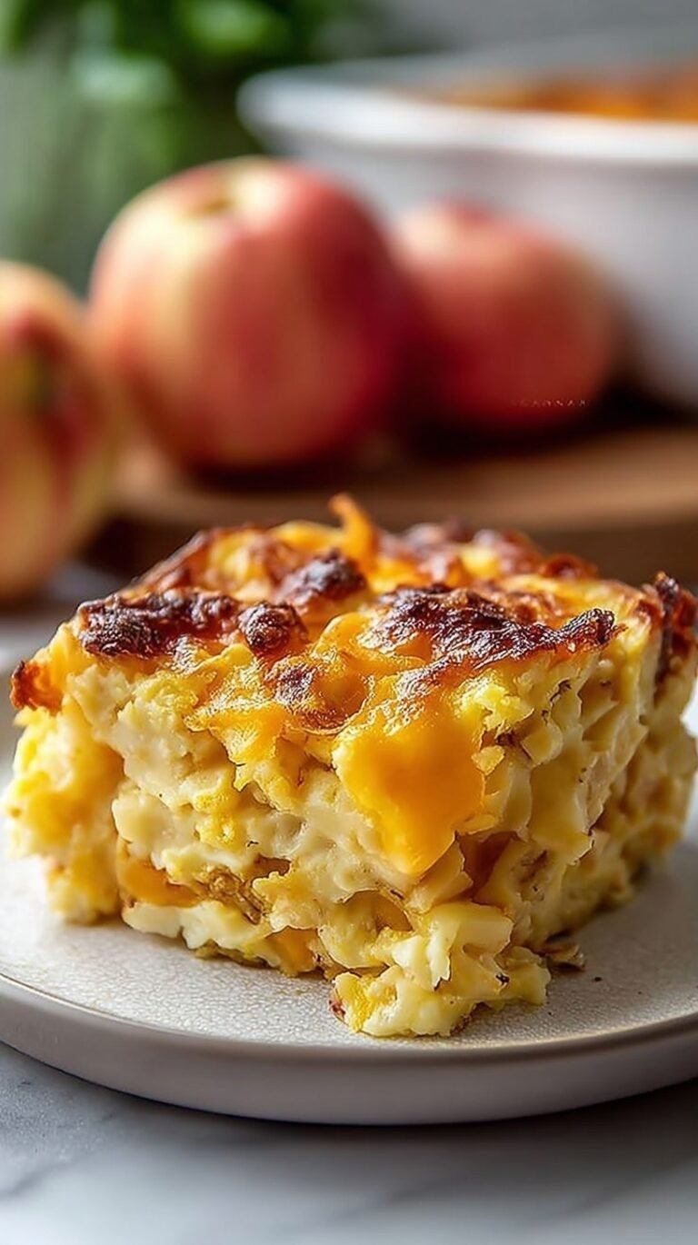A golden brown apple cheddar egg bake in a glass dish with melted cheese and sourdough cubes.