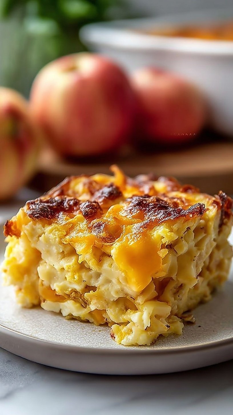 A golden brown apple cheddar egg bake in a glass dish with melted cheese and sourdough cubes.