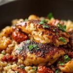 A steaming cast iron skillet filled with golden chicken cubes, fluffy white rice, orange sweet potatoes, and green kale.