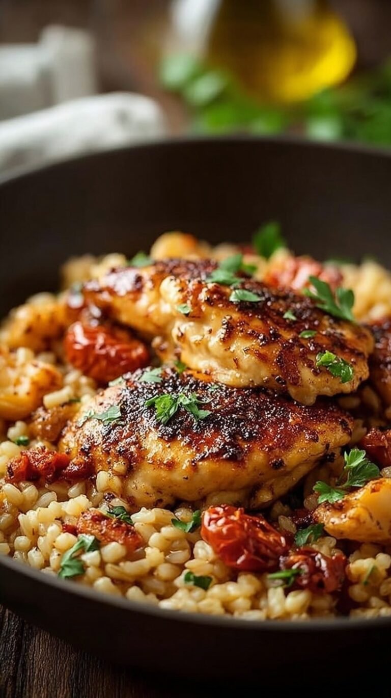A steaming cast iron skillet filled with golden chicken cubes, fluffy white rice, orange sweet potatoes, and green kale.