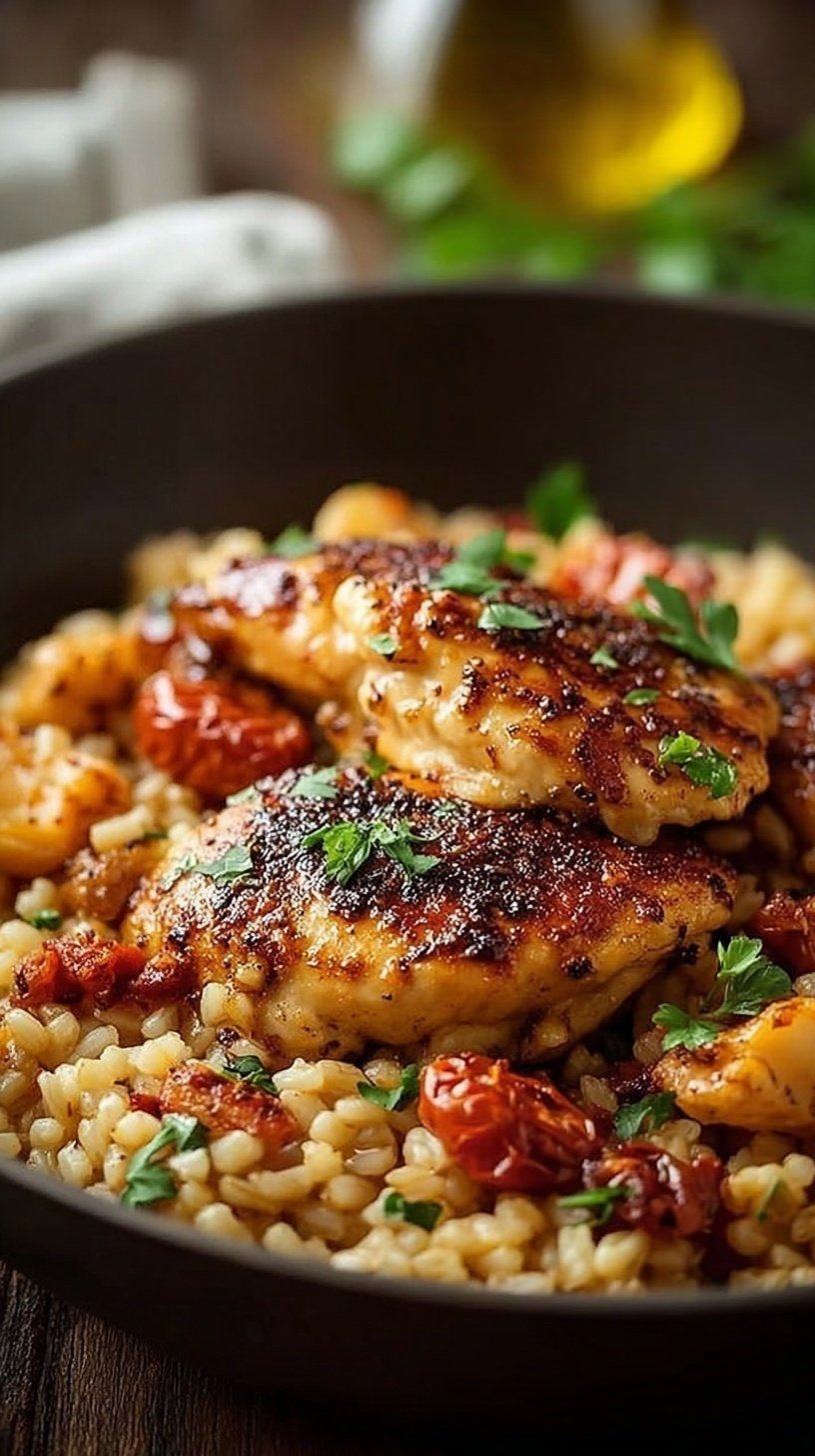 A steaming cast iron skillet filled with golden chicken cubes, fluffy white rice, orange sweet potatoes, and green kale.