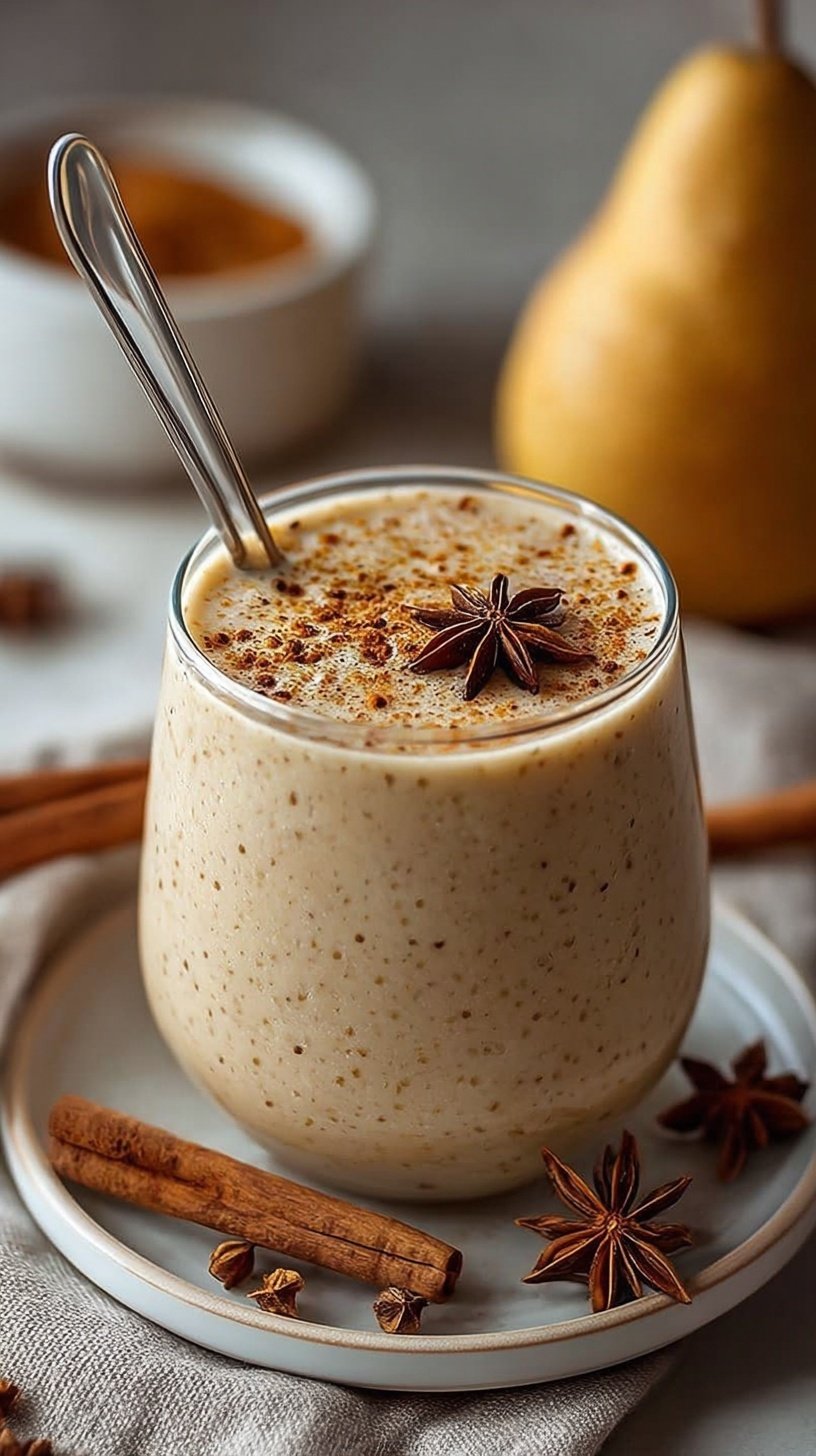 A glass of creamy spiced pear smoothie topped with a dash of cinnamon next to fresh pears.