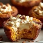 Two roasted acorn squash halves filled with creamy cinnamon cottage cheese and topped with walnuts.