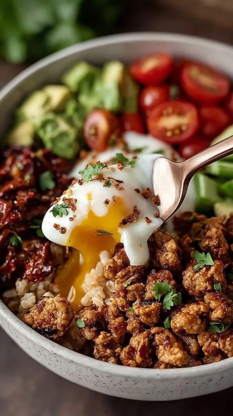 A colorful burrito bowl with roasted sweet potatoes, quinoa, ground turkey, kale, and avocado slices