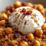 A warm bowl of pumpkin spice breakfast quinoa topped with chopped pecans and a drizzle of maple syrup