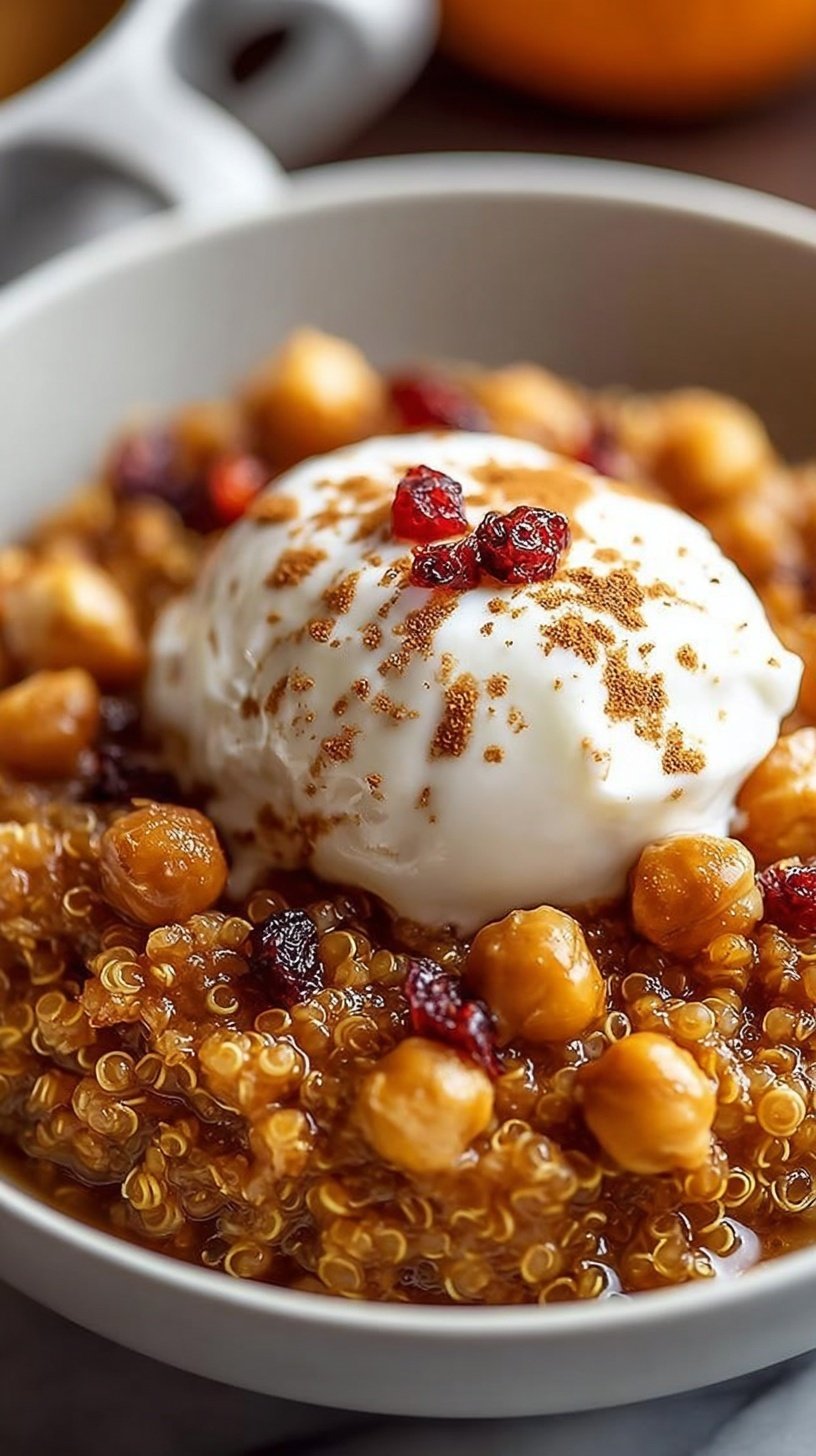 A warm bowl of pumpkin spice breakfast quinoa topped with chopped pecans and a drizzle of maple syrup
