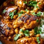 Tender cubes of chicken in a creamy peanut sauce with red peppers and green onions in a slow cooker