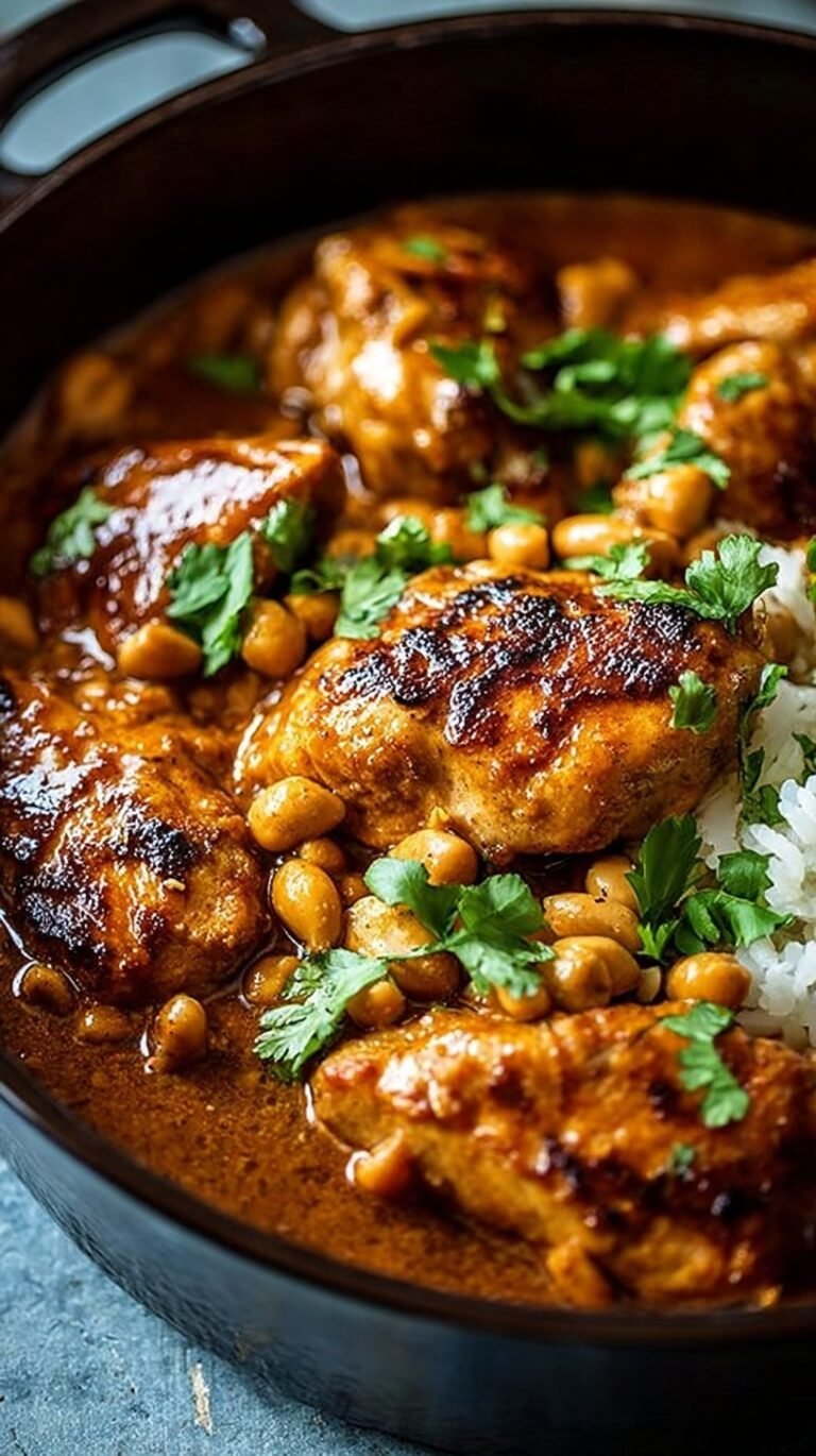 Tender cubes of chicken in a creamy peanut sauce with red peppers and green onions in a slow cooker