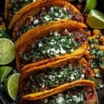 Crispy pan-fried beef birria tacos served with a bowl of red dipping consommé and lime wedges.