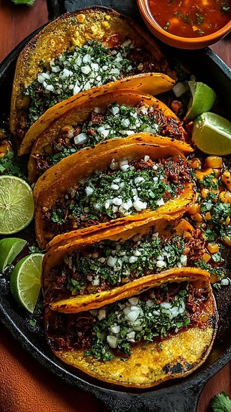 Crispy pan-fried beef birria tacos served with a bowl of red dipping consommé and lime wedges.