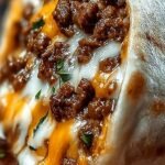 A toasted Beefy Melt Burrito sliced in half showing layers of seasoned beef, rice, and melted cheese.