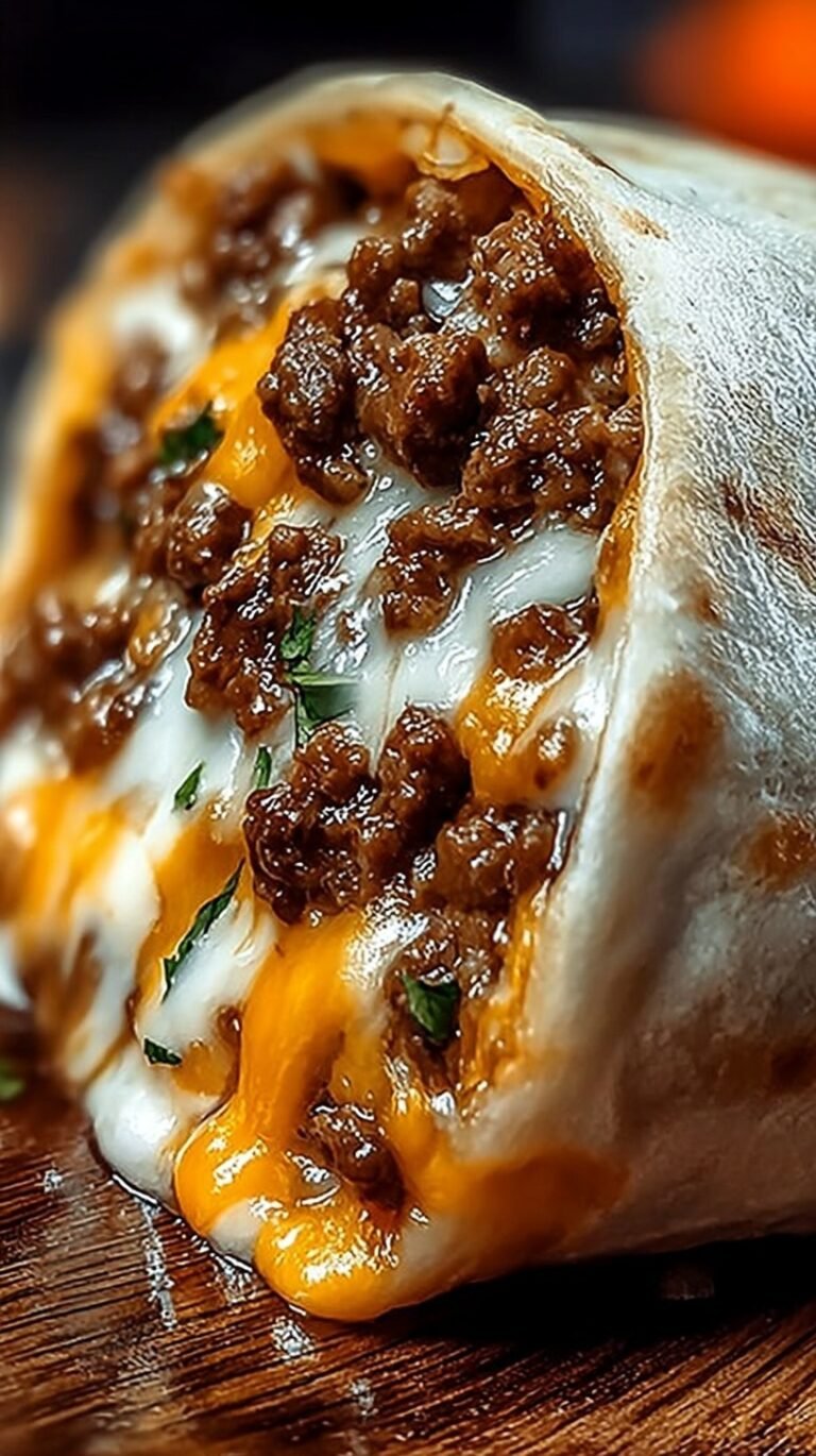 A toasted Beefy Melt Burrito sliced in half showing layers of seasoned beef, rice, and melted cheese.