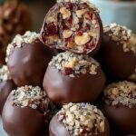 A platter of chocolate-covered Pecan Pie Balls topped with pecan halves.
