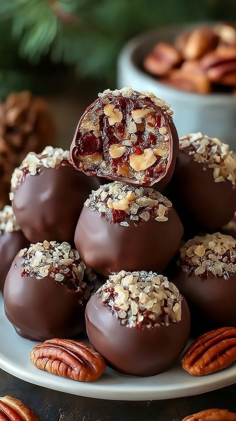 A platter of chocolate-covered Pecan Pie Balls topped with pecan halves.