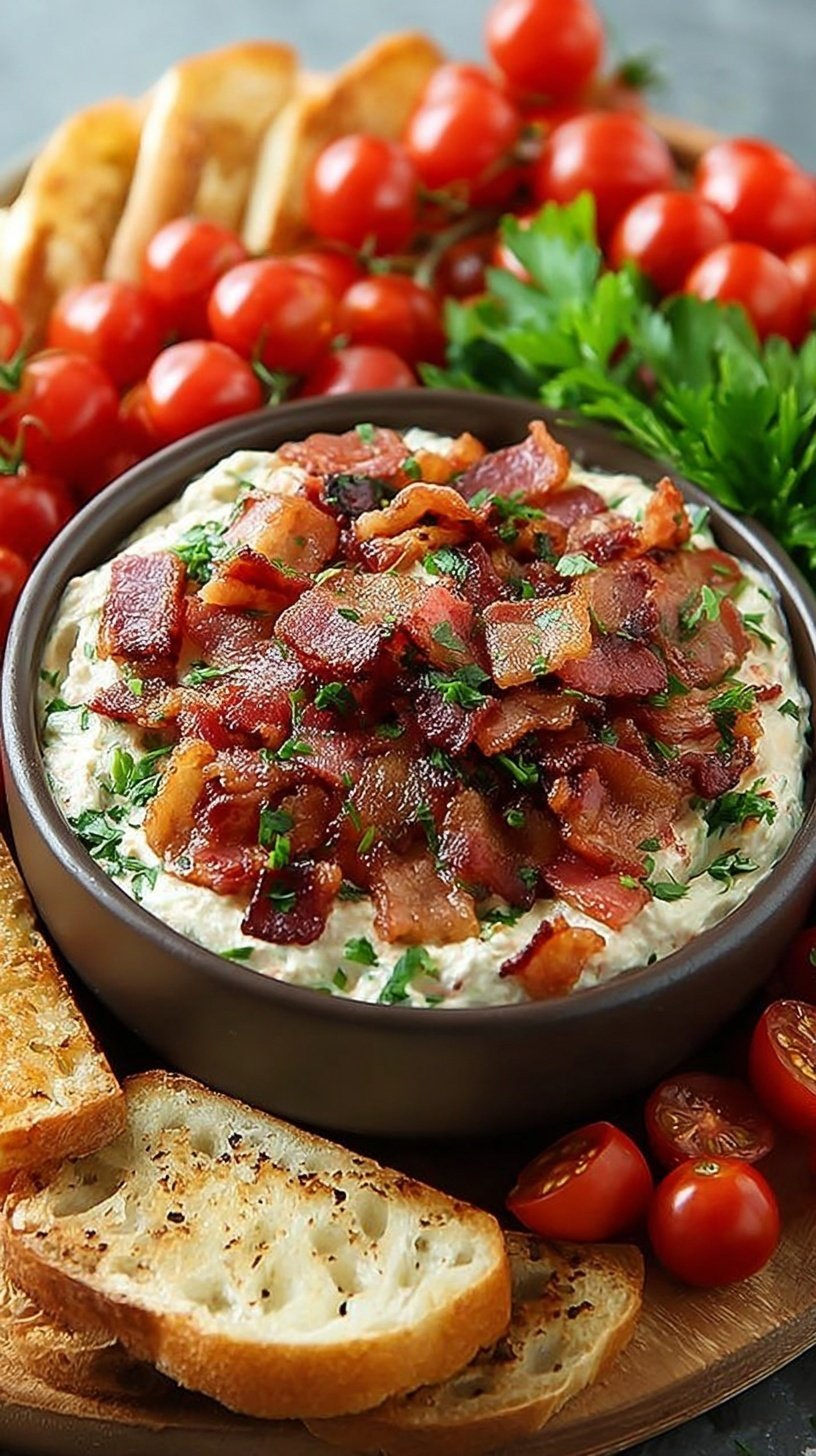 A layered creamy BLT dip in a white dish topped with bacon, tomatoes, and lettuce.