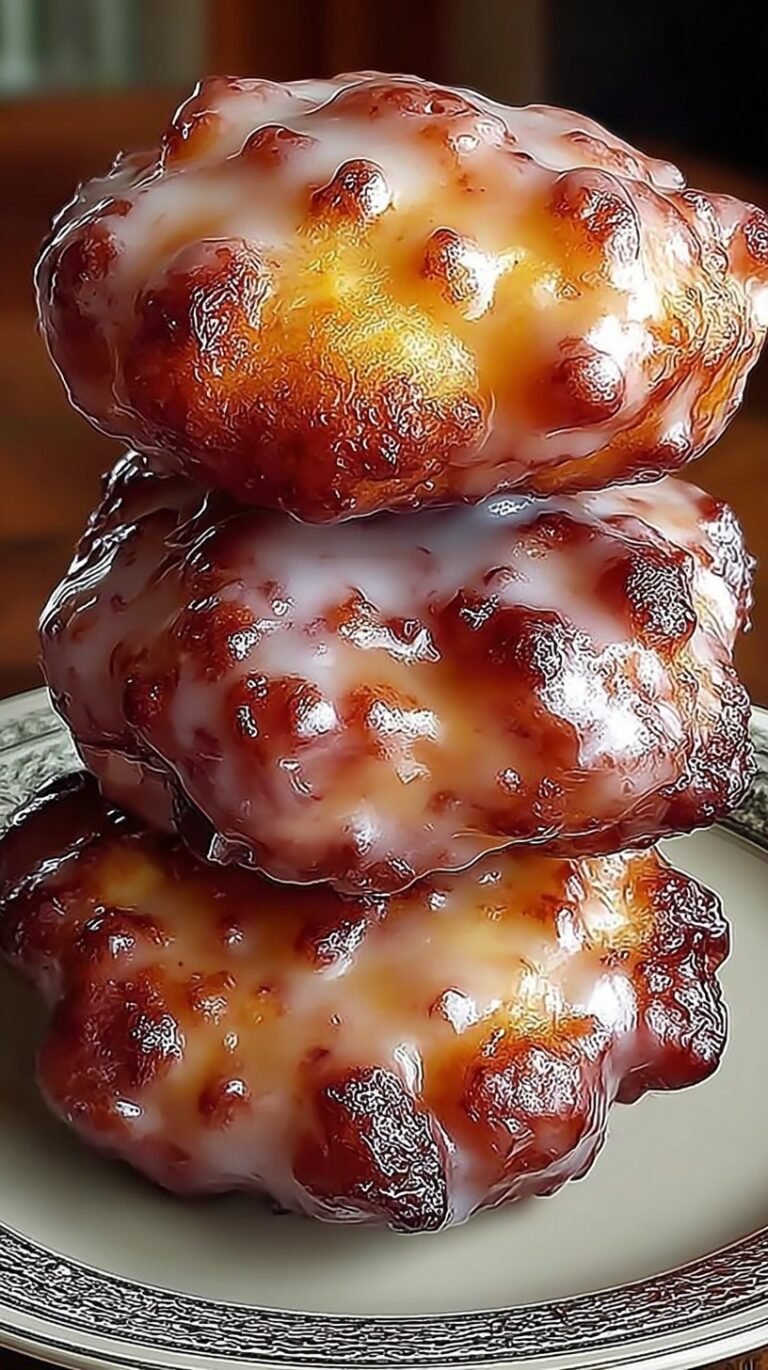 Golden brown baked apple fritters with a sweet sugar glaze on a wire rack