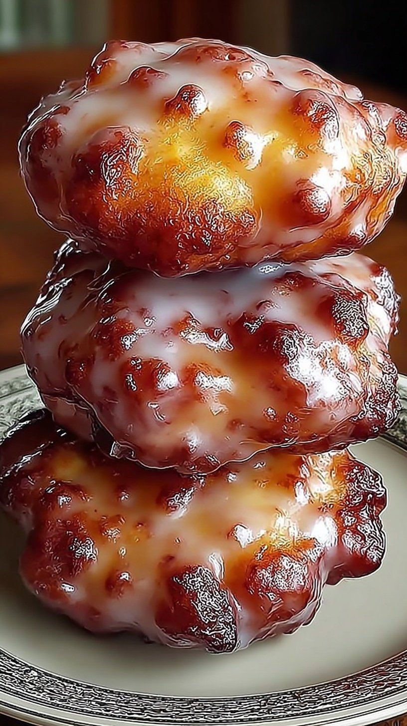 Golden brown baked apple fritters with a sweet sugar glaze on a wire rack