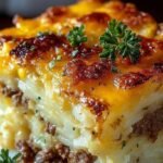 A golden brown cheesy hamburger hashbrown casserole in a baking dish with melted cheddar on top.