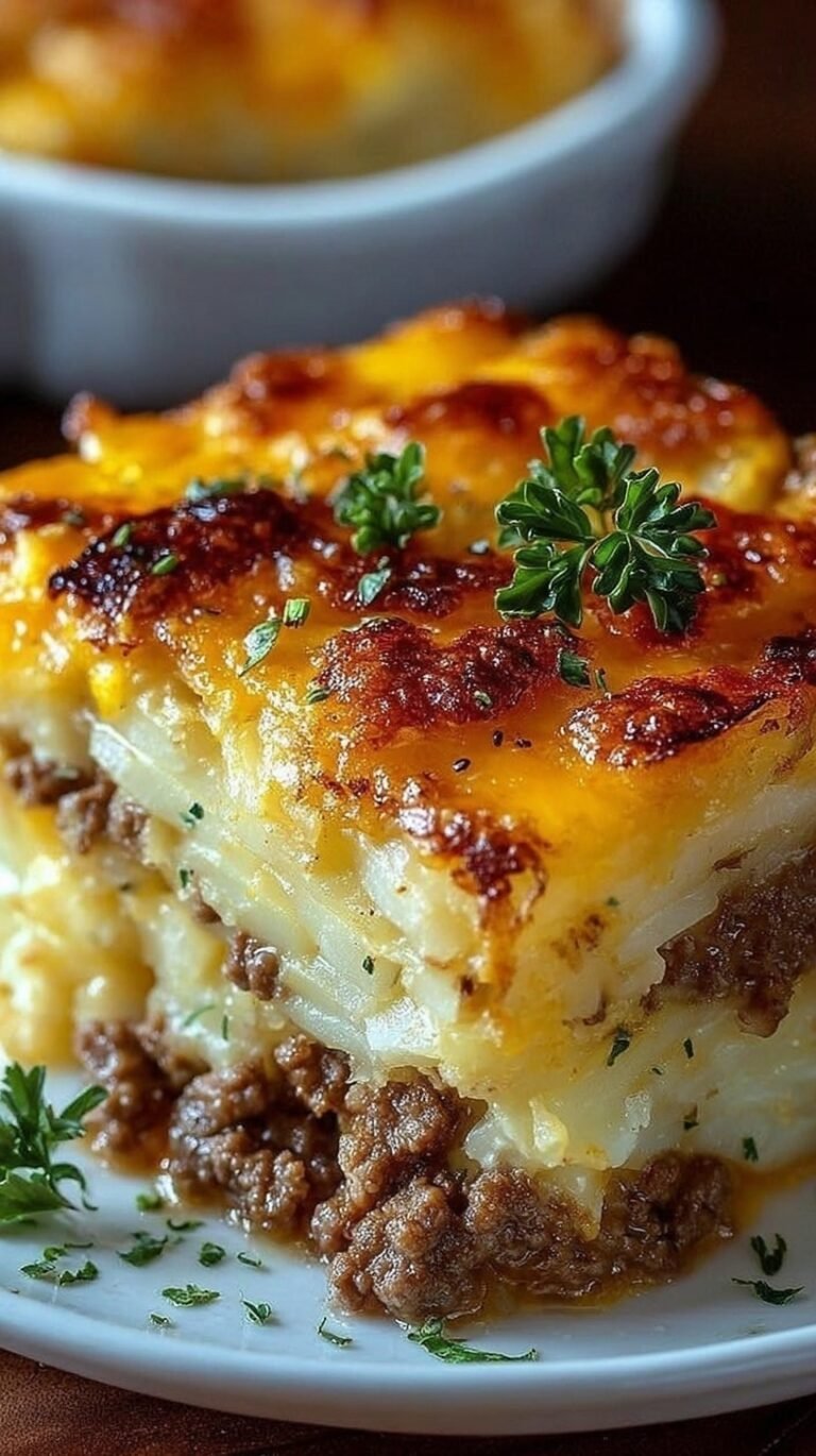 A golden brown cheesy hamburger hashbrown casserole in a baking dish with melted cheddar on top.