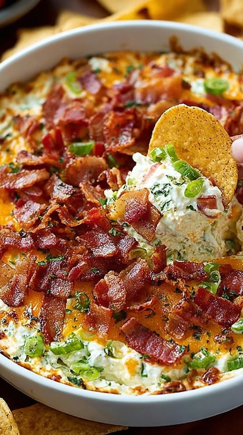 A layered creamy BLT dip topped with fresh lettuce, tomatoes, and crispy bacon bits in a white serving dish.
