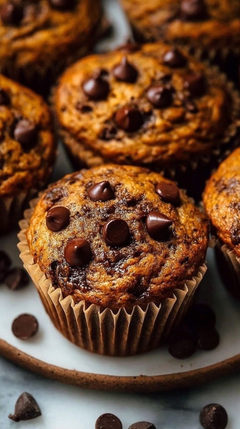 A stack of moist pumpkin muffins with melty chocolate chips on a wire cooling rack.