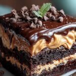 A multi-layered chocolate cake with creamy peanut butter frosting and a dark chocolate ganache drip on a white plate.