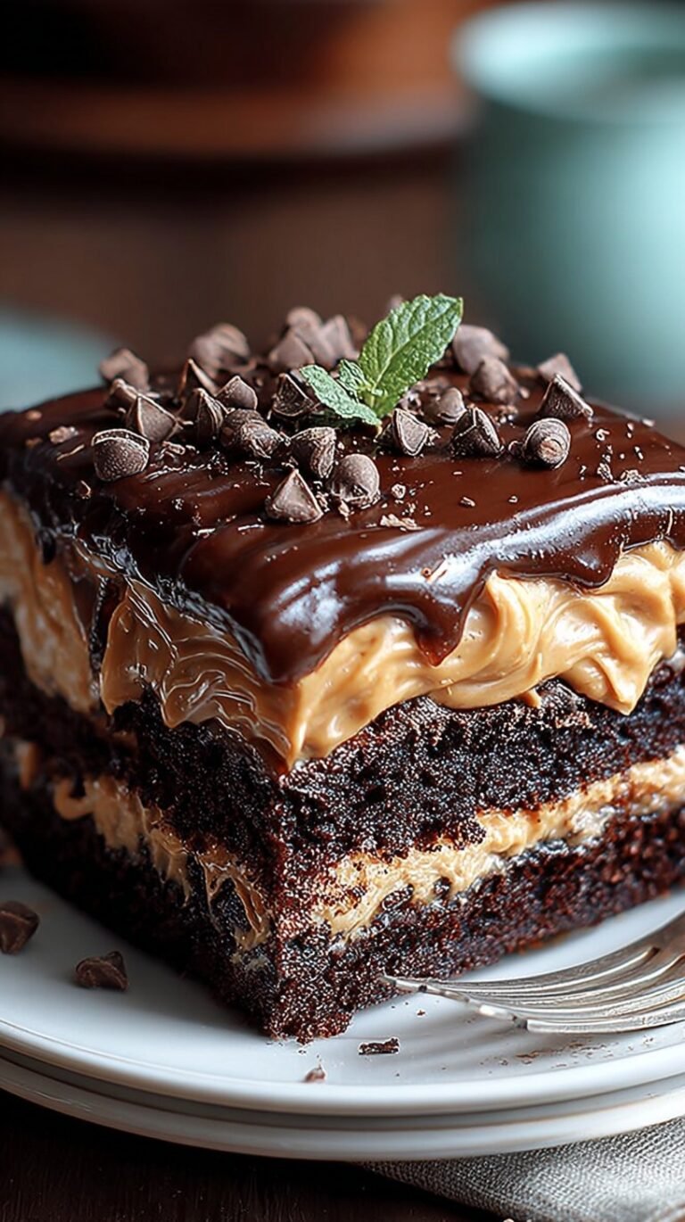 A multi-layered chocolate cake with creamy peanut butter frosting and a dark chocolate ganache drip on a white plate.