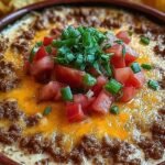 A baking dish filled with warm bean dip topped with melted cheese, jalapeños, and green onions.