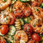 A bowl of fresh shrimp pasta with cherry tomatoes, zucchini, and basil
