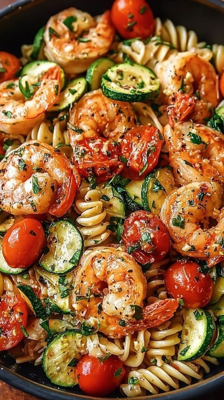 A bowl of fresh shrimp pasta with cherry tomatoes, zucchini, and basil