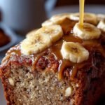 A sliced loaf of salted caramel banana bread with golden swirls and flaky sea salt on top