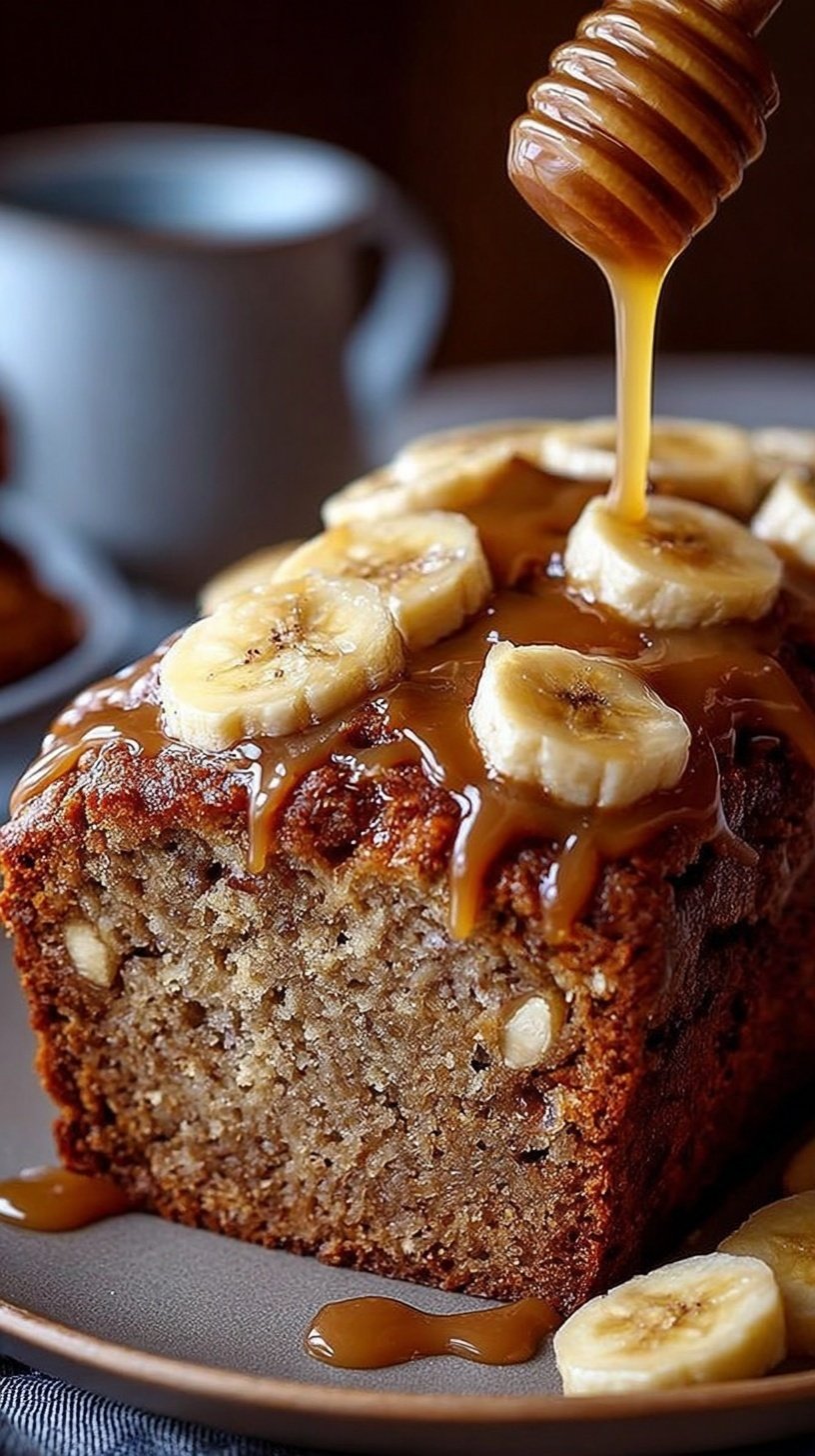 A sliced loaf of salted caramel banana bread with golden swirls and flaky sea salt on top
