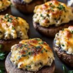 A platter of golden brown cheesy garlic stuffed mushrooms garnished with fresh parsley.
