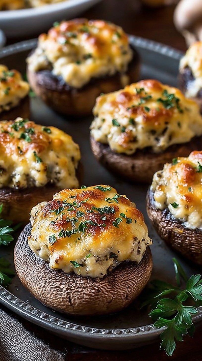 A platter of golden brown cheesy garlic stuffed mushrooms garnished with fresh parsley.