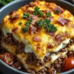 A close-up of a cheesy bacon cheeseburger casserole in a baking dish topped with pickles.