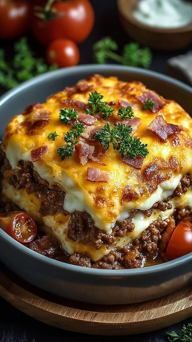 A close-up of a cheesy bacon cheeseburger casserole in a baking dish topped with pickles.
