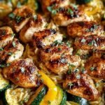 A colorful Mediterranean Chicken Zucchini Bake on a sheet pan with feta and olives