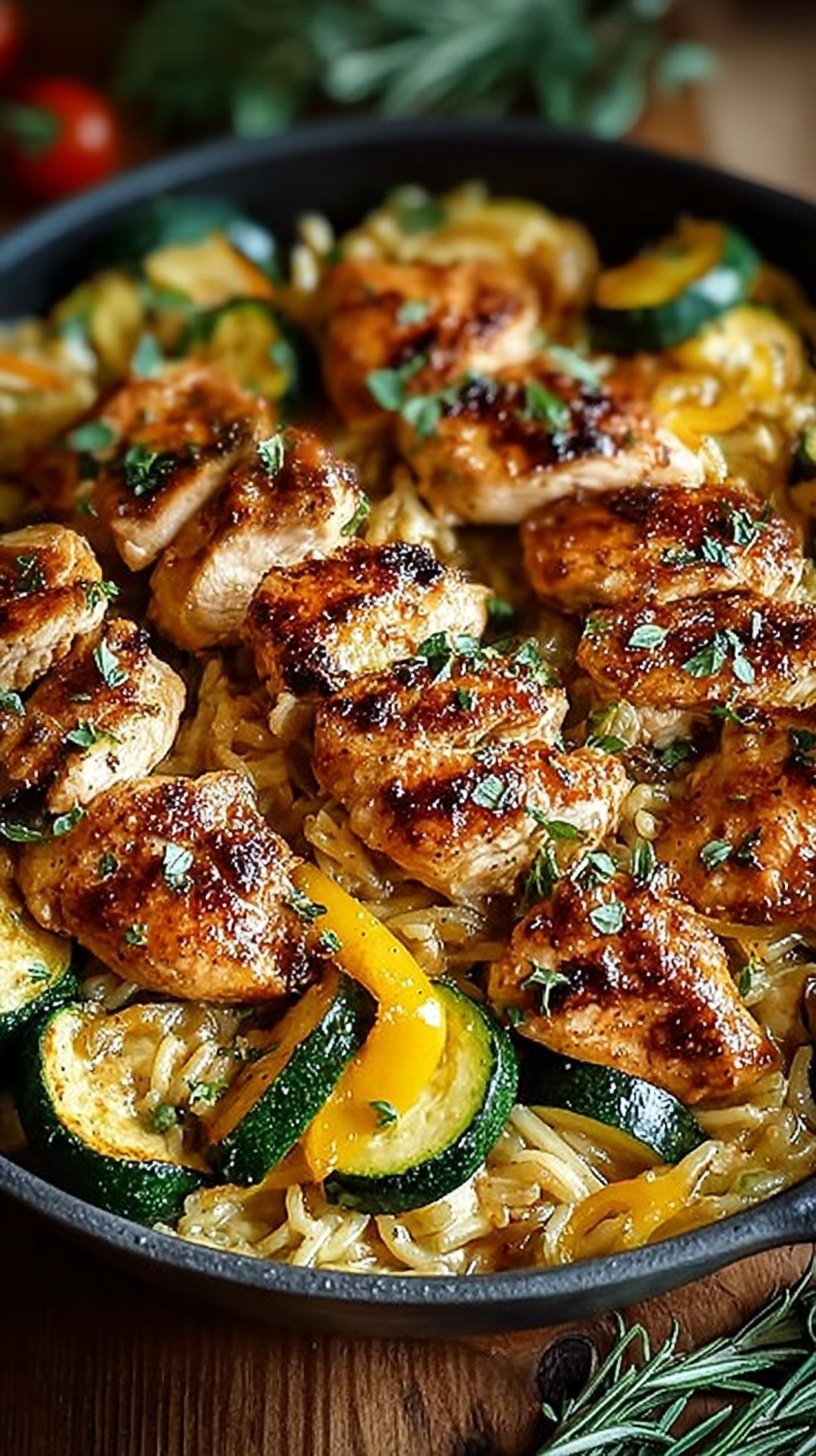 A colorful Mediterranean Chicken Zucchini Bake on a sheet pan with feta and olives