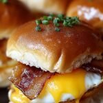 Golden brown breakfast sliders on Hawaiian rolls topped with poppy seeds and maple glaze.