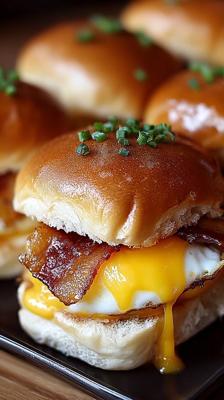 Golden brown breakfast sliders on Hawaiian rolls topped with poppy seeds and maple glaze.