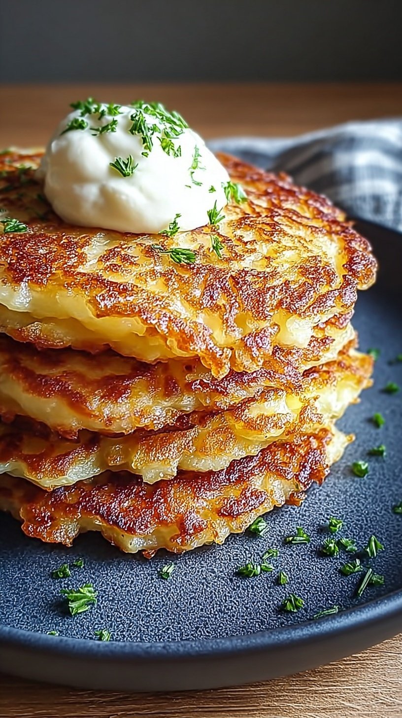 Golden brown and crispy German potato pancakes served with applesauce on a white plate