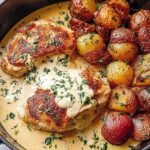Roasted chicken thighs and cubed potatoes drizzled with a creamy yellow mustard sauce and fresh herbs