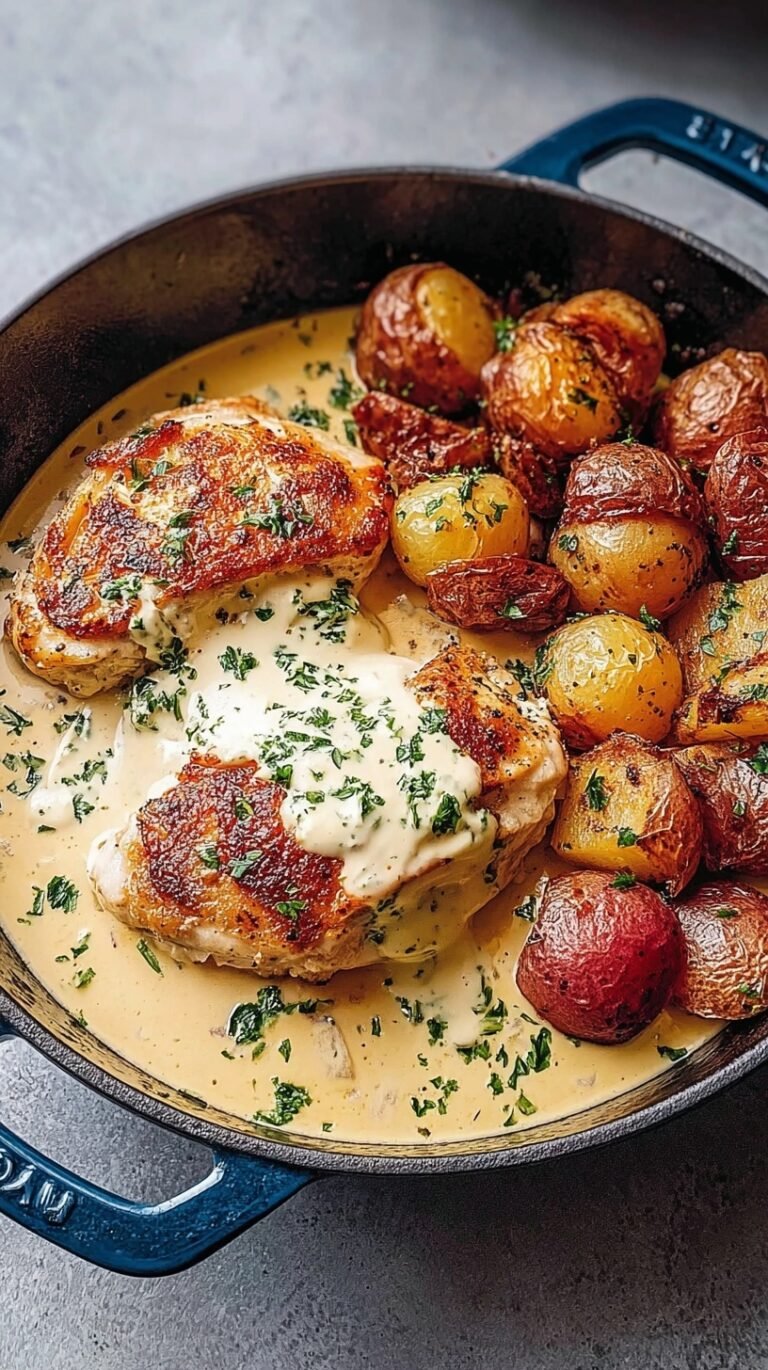 Roasted chicken thighs and cubed potatoes drizzled with a creamy yellow mustard sauce and fresh herbs