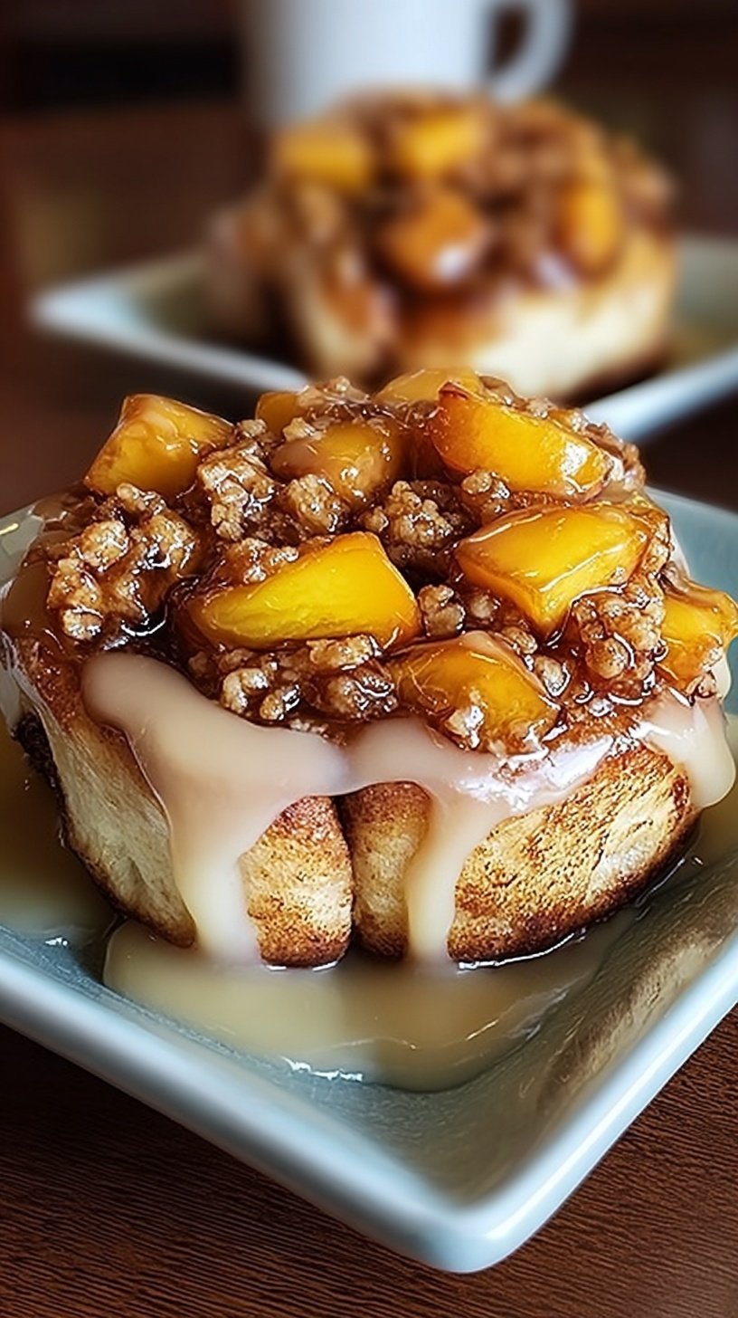 A tray of golden peach cobbler cinnamon rolls with vanilla glaze and streusel topping.