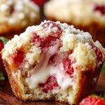 A tray of golden strawberry cream cheese muffins with fresh berries and a creamy center.