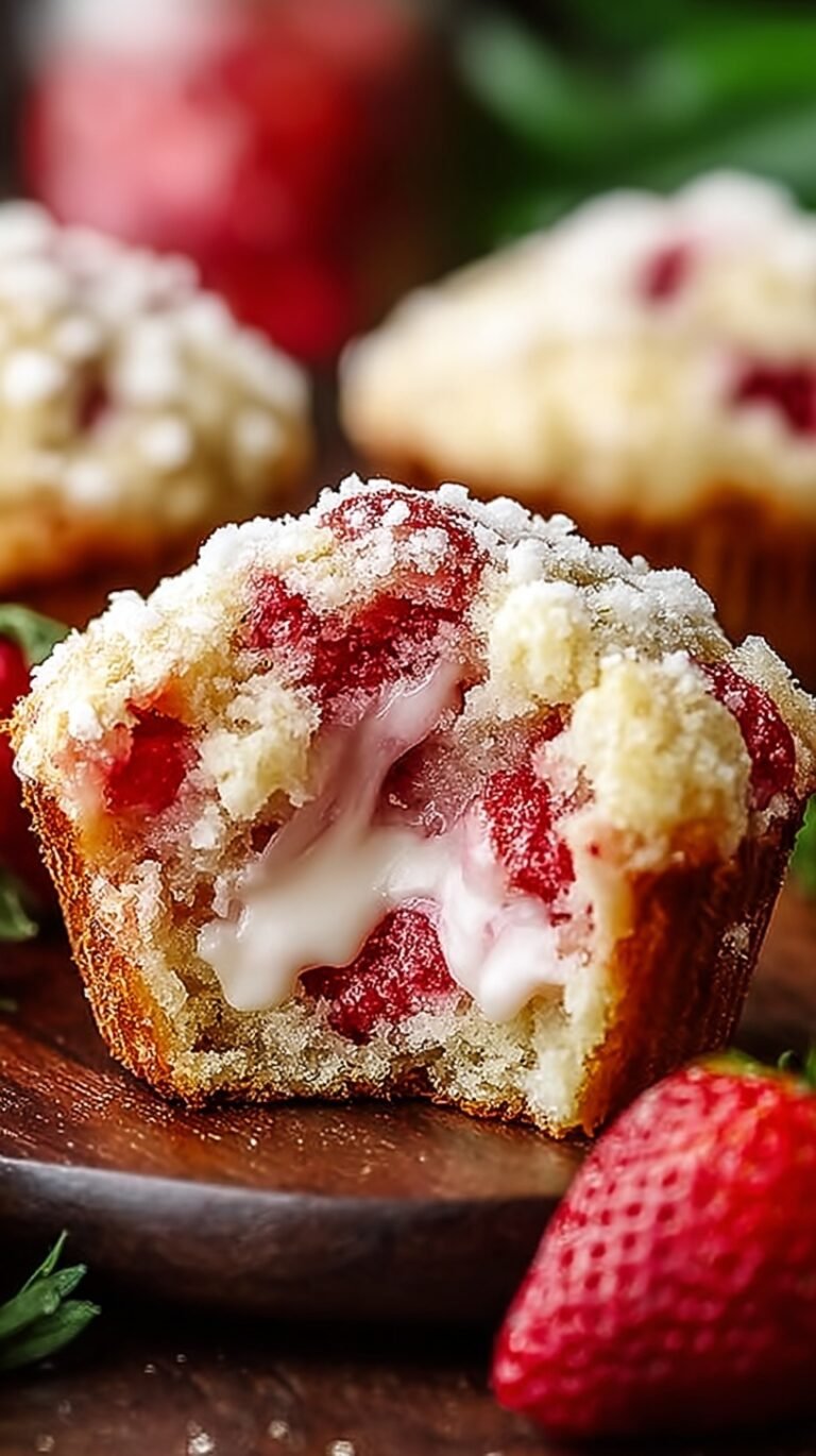 A tray of golden strawberry cream cheese muffins with fresh berries and a creamy center.