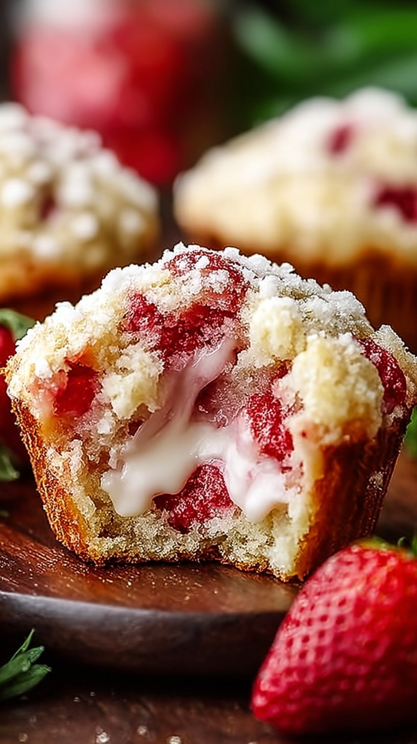 A tray of golden strawberry cream cheese muffins with fresh berries and a creamy center.